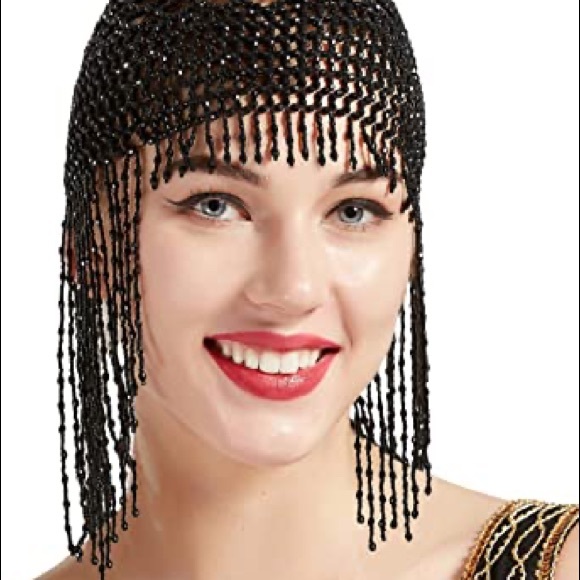 Beaded headpiece with fringes, stretchy, fits most sizes, color black - Picture 1 of 4